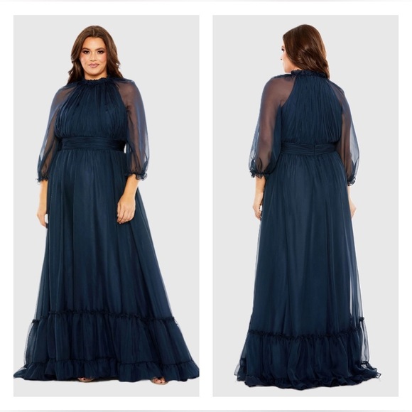 Mac Duggal 68426 NWT Navy High Neck Puff Sleeve Tiered A Line Gown - Picture 1 of 7